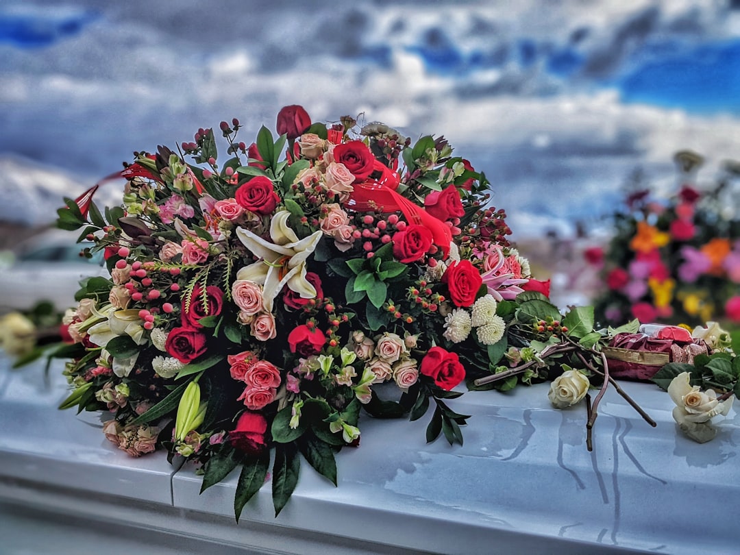 Photo casket, flowers